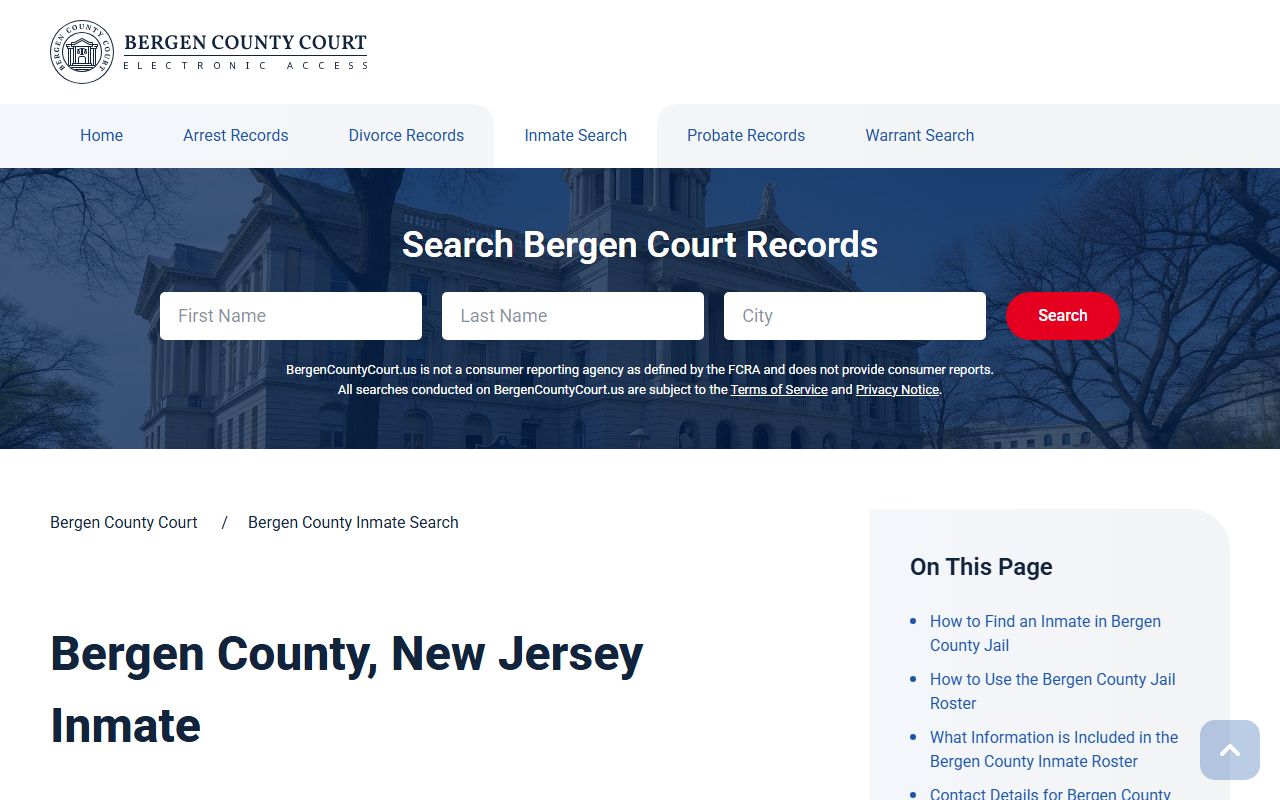 Bergen County court inmate search page for jail mugshots lookup