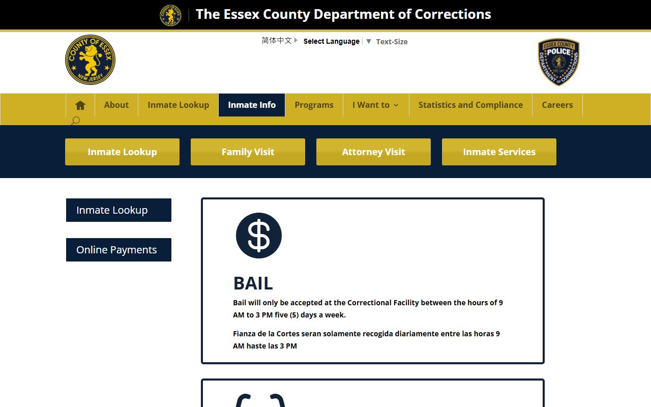 Essex County jail mugshots inmate information page