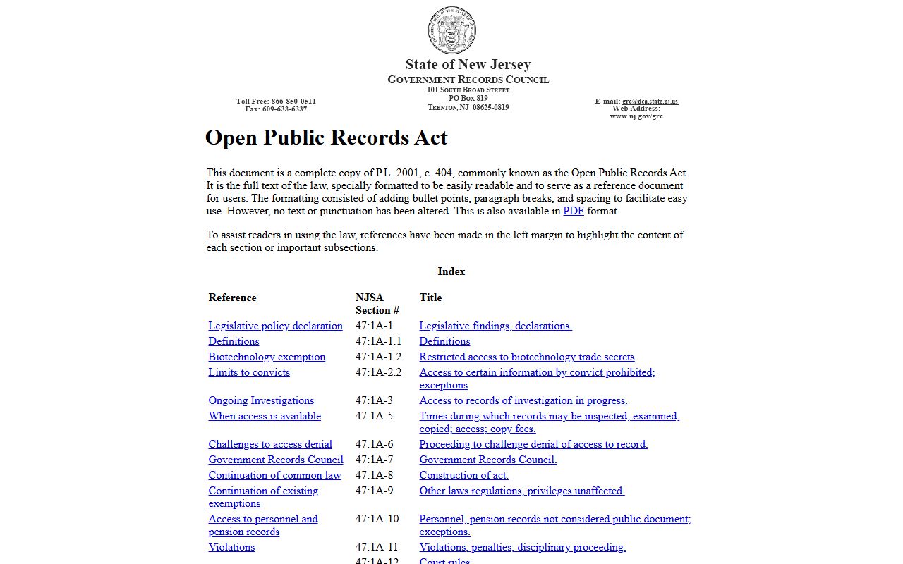 New Jersey OPRA Act page for public records and jail mugshots access